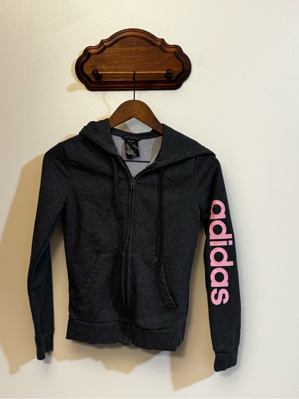 adidas Charcoal Zip Hoodie with Pink Logo